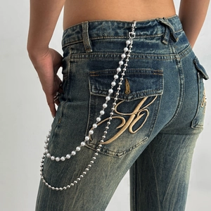 Chaîne de pantalon hip-hop avec pendentif croix, perles et billes argentées