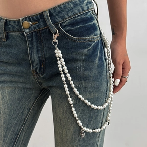 Chaîne de pantalon double rangée de perles hip-hop avec pendentif croix argentée et fermoir