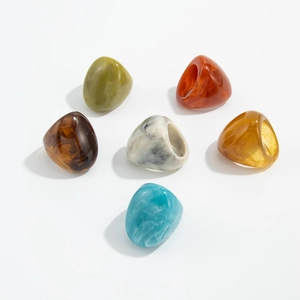 Set of 6 Maillard style resin rings in diverse colors with marble texture and round thick band