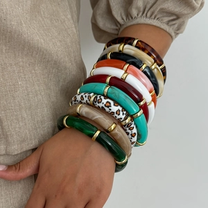 Vintage Resin Bamboo Tube Bangle Bracelet For Women Bohemian Leopard Marble Stretch Bracelet Fashion Jewelry Gift