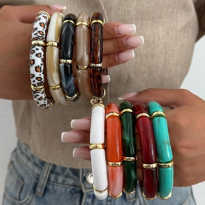 Retro acrylic bamboo tube bracelets with leopard and marble patterns and gold metal spacers