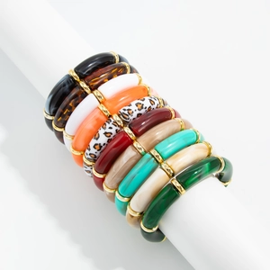 Bohemian acrylic tube bead elastic bracelet set with leopard print and marble patterns