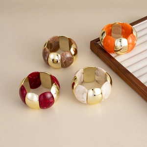 Exaggerated wide elastic resin bracelets with gold CCB splicing in four varied colors