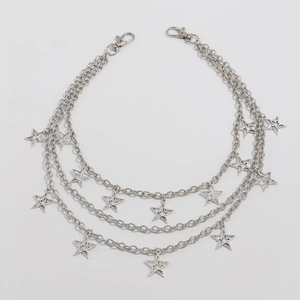 Detailed view of silver triple-layered pentagram chain with large lobster clasps