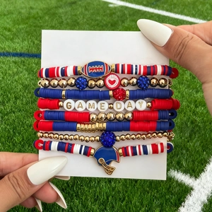 Close-up of 8pcs red white blue game day bracelets with football and helmet charms