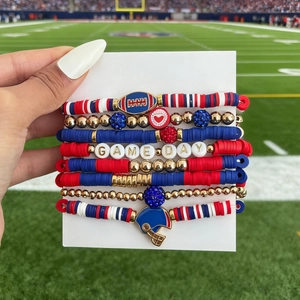 Detail view of Game Day beaded bracelet set with American football charms and charms