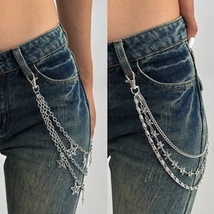 Punk Style Iron Alloy Multi-Layer Waist Chain With Hollow Star Pendants Cross Tassel Pants Chain Streetwear Jewelry For Women Men