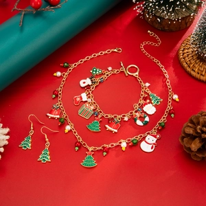 Detailansicht des Weihnachts-Schmucksets mit Emaille-Anhängern auf festlichem rotem Grund