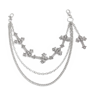 Three-layer punk metal wallet chain with silver cross pendants and lobster clasps