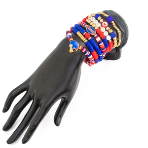 Detail of stacked football charms and GAME DAY beads on multi-layer beaded bracelets