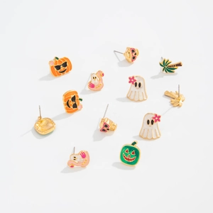 Details zum Halloween-Ohrstecker-Set mit Emaille-Kürbissen, Geistern und Totenkopf-Motiven