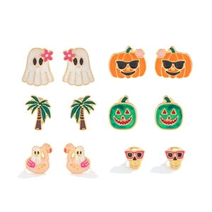 Detailset aus sechs Halloween-Ohrsteckern mit Geistern, Kürbissen und Totenköpfen