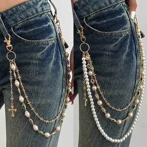 Catena da Vita Multistrato Vintage per Donna Ciondolo Croce Perla Artificial Lega Strass Colorati Catena per Pantaloni Y2K Streetwear Gioielli Corpo Accessorio