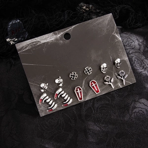 Detail von Gothic Halloween Ohrring-Set mit Totenkopf, Kreuz und Sarg-Anhängern