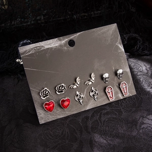 Gothic Ohrring-Set 6 Paare mit schwarzer Rose, Silber-Totenkopf, Fledermaus und Sarg