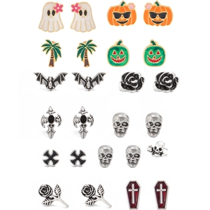 Gothic Halloween Ohrstecker Set mit Totenkopf Fledermaus Geist und Kürbis Motiven