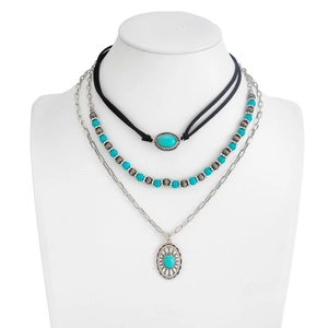 Three-layer bohemian turquoise necklace with sunburst pendant and silver metal beads