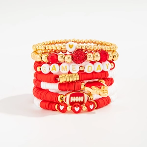 Red and white Game Day beaded bracelet set with rugby helmet charms for women