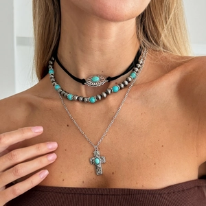 Bohemian multilayer necklace set with turquoise beads, bull head and cross pendants
