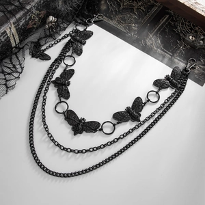 Close-up of gothic multi-layer black metal pants chain featuring moth charms and lobster clasps