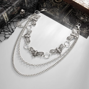 Gothic butterfly skull multi-layer metal waist chain with silver finish and lobster clasps