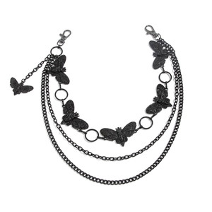 Three-layer black metal chain accessory with butterfly charms and lobster clasps
