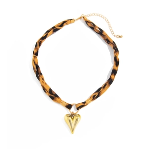 Golden heart pendant necklace with leopard print fabric rope and adjustable lobster clasp