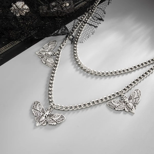 Gothic double-layered silver metal waist chain with skeleton moth charms and tassels