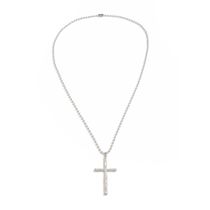 Silver beaded chain necklace with hammered texture cross pendant in minimalist style