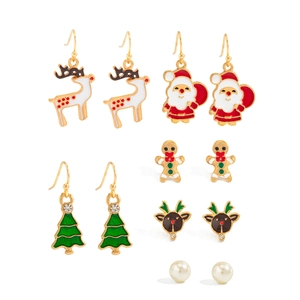 Detailed set of 6 pairs of festive Christmas earrings featuring reindeer and Santa Claus