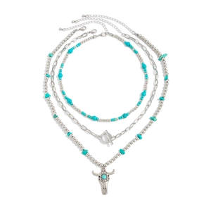 Bohemian multilayer turquoise necklace with vintage bull head pendant and OT toggle clasp