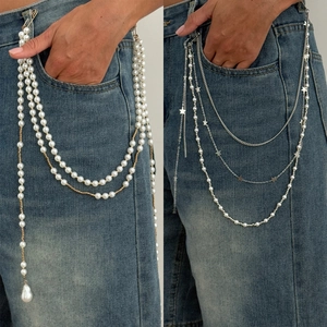 Multilayer Imitation Artificial Pearl Waist Chain For Women Gold Silver Star Tassel Pants Chain Streetwear Body Jewelry Accessory