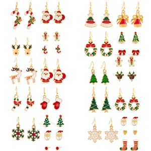 Christmas earrings set with reindeer snowflake and Santa motifs in red green enamel