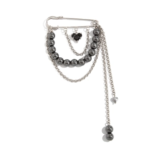 Silver punk safety pin brooch with multi-layer chains and black heart gem pendant