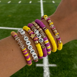 LSU Tigers themed beaded bracelet set featuring purple and yellow heishi beads