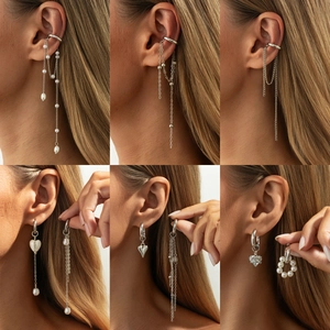 Clips d'oreilles Asymétriques Modernes Longs à Gland de Künstliche Perles pour Femmes Mode Alliage Cœur Aspect Céramique Bijoux Sans Perçage
