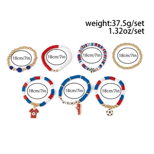 Detail of 7-piece USA soccer themed beaded bracelets with red, white and blue heishi beads