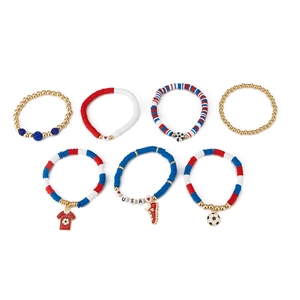 Close-up of 7-piece soccer beaded bracelets with USA letter beads and sports charms