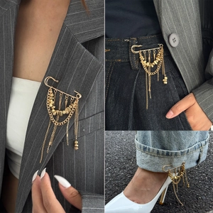 Broche Épingle de Sûreté à Franges Perlées Irrégulières en Alliage Métallique Pendentif à Gland en Chaîne Multicouche pour Décoration de Vêtements Bijoux de Style Punk pour Femmes