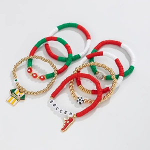 Detail of soccer themed bracelet set with acrylic beads, soccer charms and jersey pendant