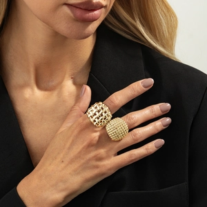 Golden woven texture and domed beaded ring set for women in elegant metal finish
