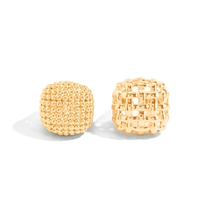 Retro gold woven and granulated geometric open rings in polished metal finish