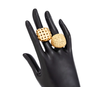 Golden chunky woven texture and beaded dome geometric rings set for bold fashion looks
