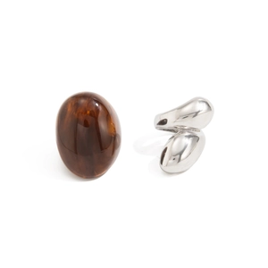 Fashion resin marble open ring featuring brown stone and irregular silver metal accents