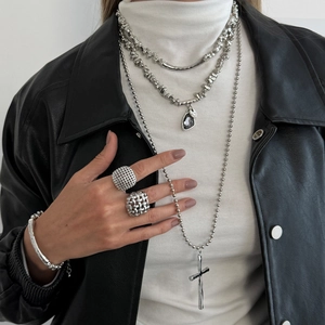 Minimalist Irregular Beaded Necklace For Women Alloy CCB Iron Rhinestone Cross Heart Waterdrop Pendant Jewelry Set Bracelet Ring