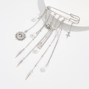 Silver layered safety pin brooch with devil's eye charms and faux pearl accents