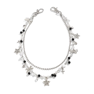 Punk stijl zilveren dubbele hip hop taille ketting met sterren en parel details