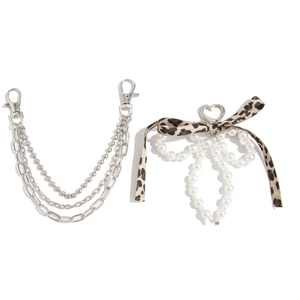 Faux pearl bow keychain and leopard ribbon multi-layer silver metal bag chains