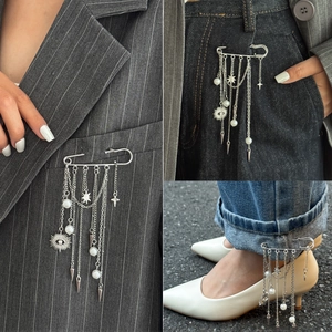 Alloy Silver Safety Pin Brooch Long Tassel Chain Faux Artificial Pearl Evil Eye Star Spikes For Women Fashion Pants Chain Jewelry