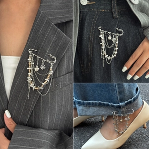 Irregular CCB Bead Chain Tassel Brooch Alloy Rhinestone Heart Star Pendant Multi Layer Waist Chain Pin For Women Decor